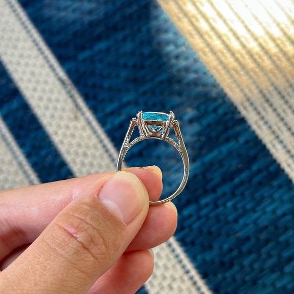 Silver 925 Plated Rectangle Aquamarine Ring - Picture 7 of 10